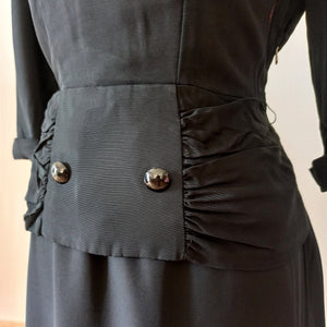 1940s - Elegant Peplum Black Rayon Dress - W28 (72cm)