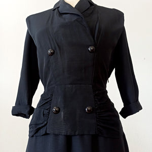 1940s - Elegant Peplum Black Rayon Dress - W28 (72cm)