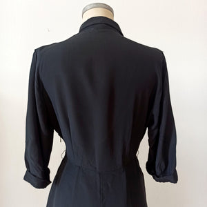 1940s - Elegant Peplum Black Rayon Dress - W28 (72cm)