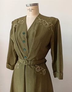 1940s - Gorgeous Green Cotton Silk Dress - W35 (88cm)