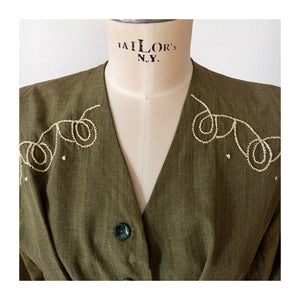 1940s - Gorgeous Green Cotton Silk Dress - W35 (88cm)