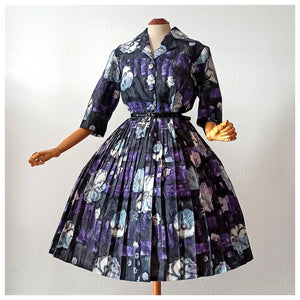 1950s - LETOILE, Paris - Stunning Purple Black Abstract Floral Dress - W36 (92cm)