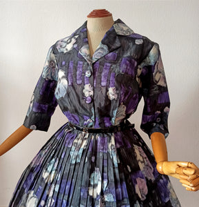 1950s - LETOILE, Paris - Stunning Purple Black Abstract Floral Dress - W36 (92cm)