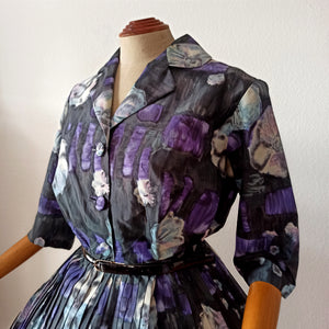 1950s - LETOILE, Paris - Stunning Purple Black Abstract Floral Dress - W36 (92cm)