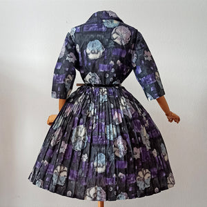 1950s - LETOILE, Paris - Stunning Purple Black Abstract Floral Dress - W36 (92cm)