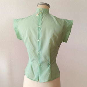 1950s - DEADSTOCK - French Pear Green Nylon Blouse - Sz. 42