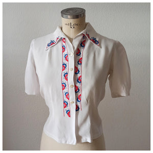 1930s 1940s - Adorable Embroidery Rayon Blouse - W31.5 (80cm)