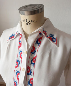 1930s 1940s - Adorable Embroidery Rayon Blouse - W31.5 (80cm)