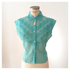 1950s - DEADSTOCK - French Blue Nylon Blouse - Sz. 48