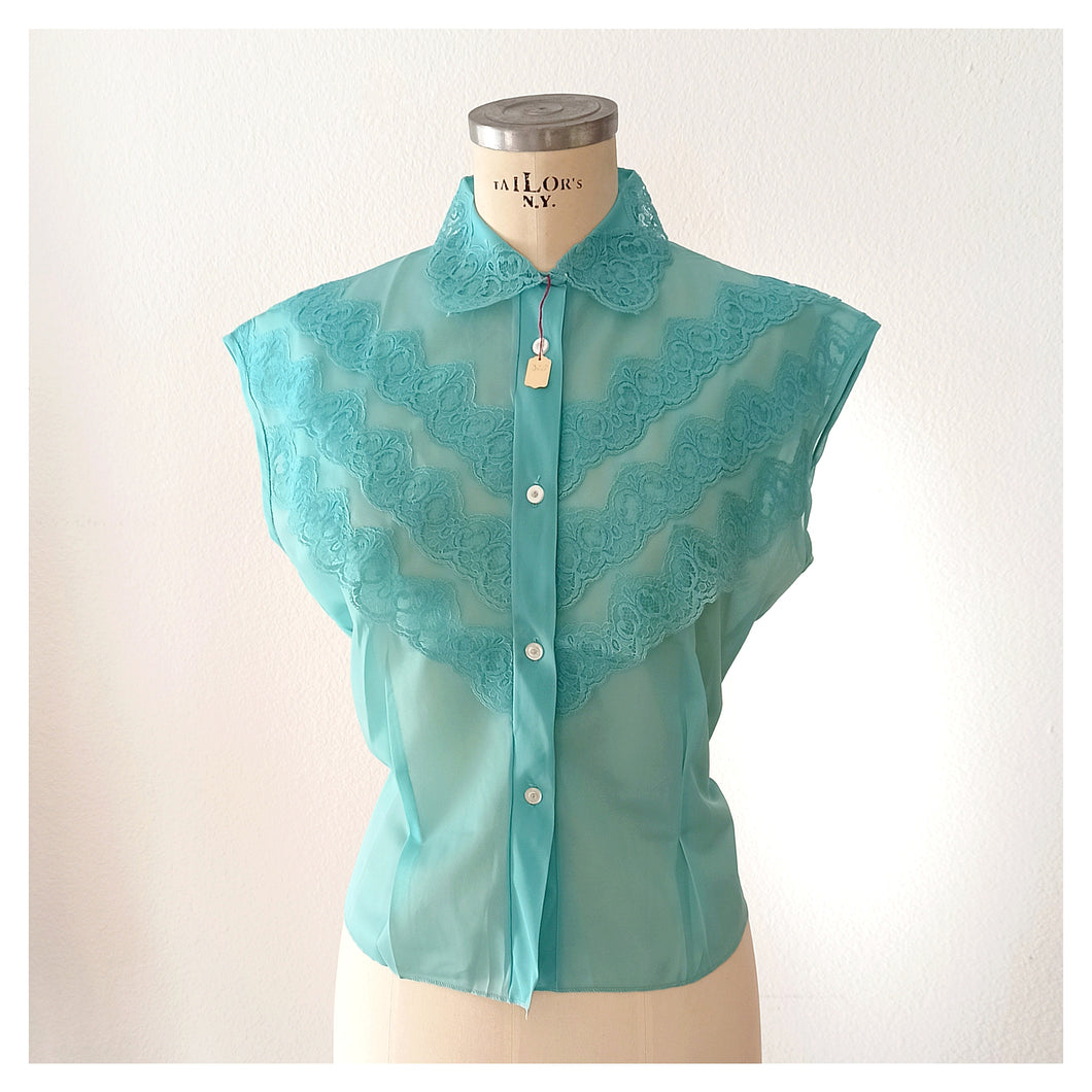 1950s - DEADSTOCK - French Blue Nylon Blouse - Sz. 48