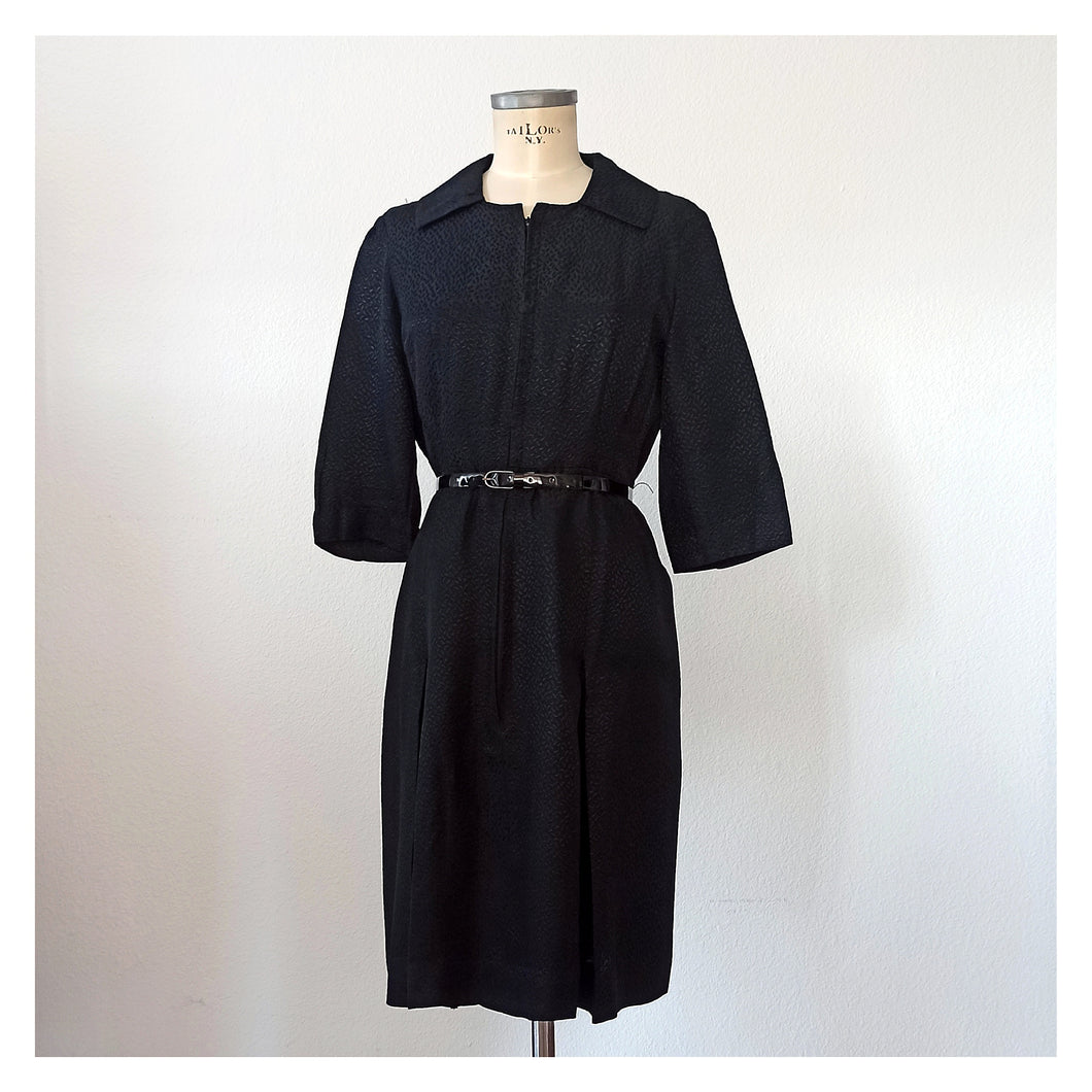 1950s 1960s - Elegant Textured Rayon Front Zipper Dress - W32 (82cm)