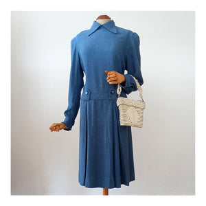 1940s - Ultragorgeous Flecked Teal Wool Dress - W37 (94cm)