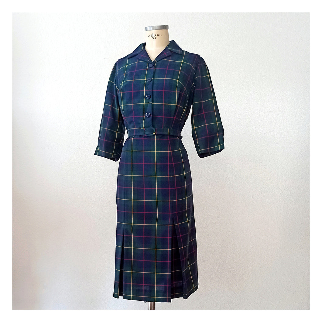 1950s 1960s - Gorgeous Tartan Wool Belted Dress - W34 (86cm)