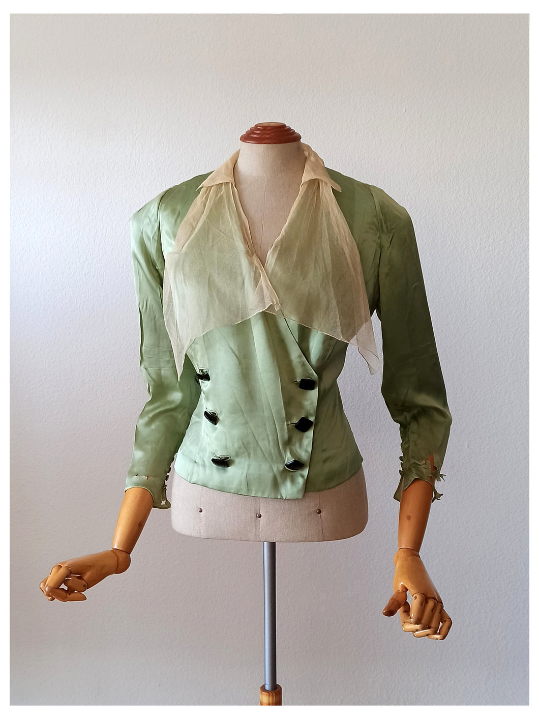 1930s - Exquisite Art Deco Green Silk Blouse - W28 (72cm)