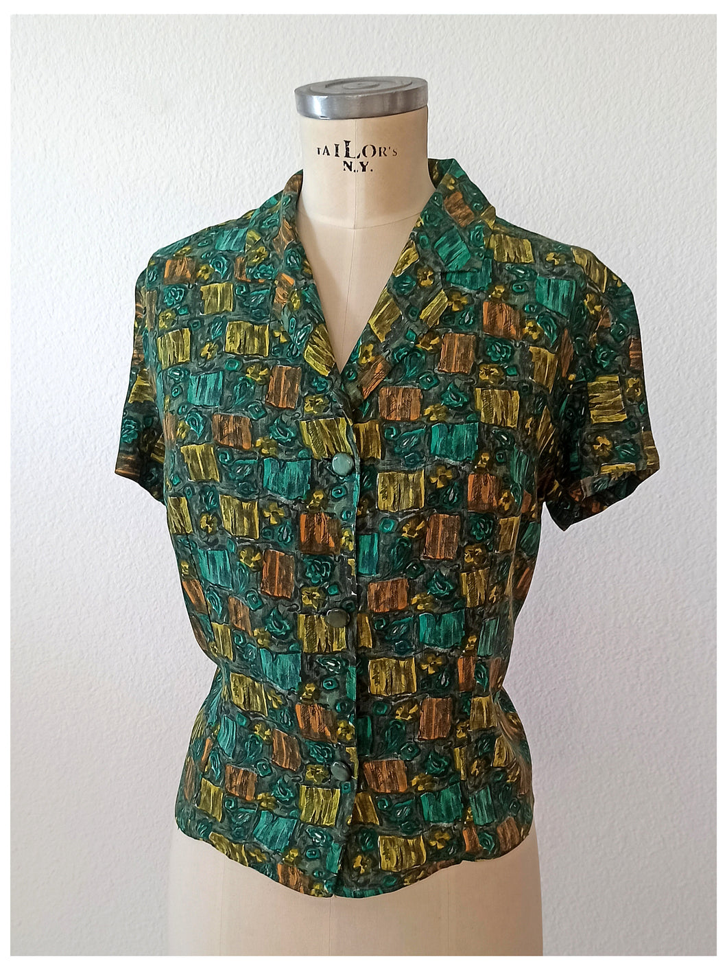 1950s - Gorgeous Green Abstract Rayon Blouse - Sz. M/L
