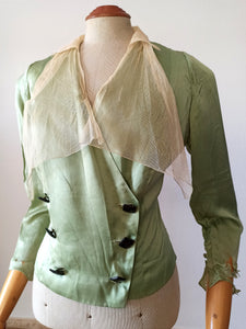 1930s - Exquisite Art Deco Green Silk Blouse - W28 (72cm)