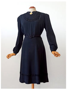 1930s - Stunning Black Rayon Silk Dress - W29 (74cm)