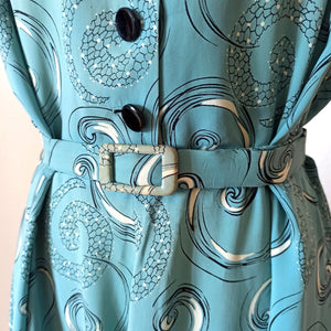 1940s - Spectacular German Teal Silk Printed Dress - W39 (100cm)