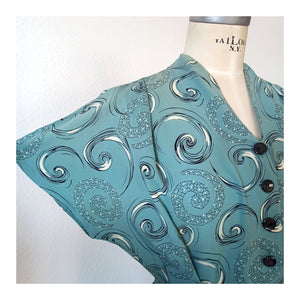 1940s - Spectacular German Teal Silk Printed Dress - W39 (100cm)