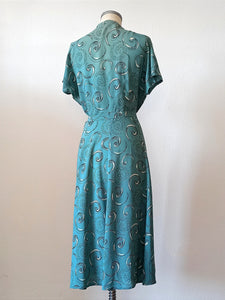 1940s - Spectacular German Teal Silk Printed Dress - W39 (100cm)