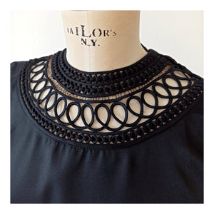 1960s - Stunning Neckline Black Satin Blouse - Sz. 42
