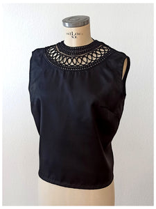 1960s - Stunning Neckline Black Satin Blouse - Sz. 42