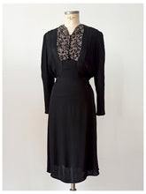 Charger l&#39;image dans la galerie, 1930s - Outstanding Hand Embroidered Black Crepe Silk Dress - W31 (80cm)
