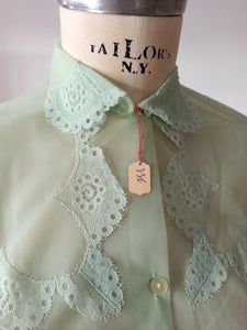 1950s - FRANCE - DEADSTOCK - Green Nylon Blouse - Sz. 44