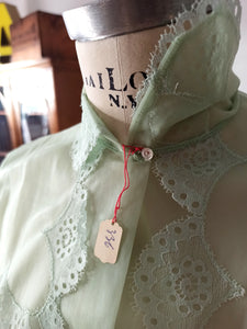 1950s - FRANCE - DEADSTOCK - Green Nylon Blouse - Sz. 44