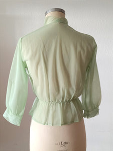 1950s - FRANCE - DEADSTOCK - Green Nylon Blouse - Sz. 44