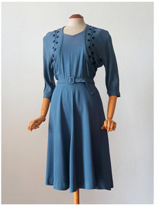 1940s - Delightful Teal Blue Beaded Crepe Dress - W29 (74cm)