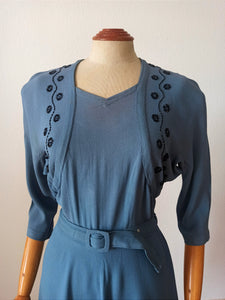 1940s - Delightful Teal Blue Beaded Crepe Dress - W29 (74cm)