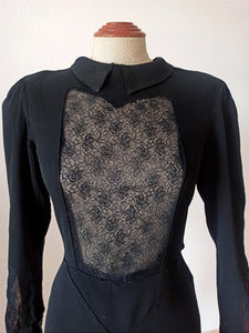 1930s - Superb Black See-through Lace Panel Dress - W31 (78cm)