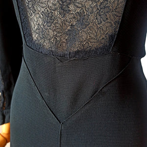 1930s - Superb Black See-through Lace Panel Dress - W31 (78cm)