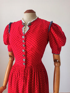 1940s - MILOTY, Germany - Gorgeous Red Dotted Folkloric Dress - W27 (68cm)