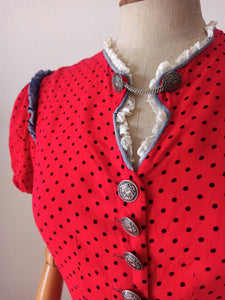 1940s - MILOTY, Germany - Gorgeous Red Dotted Folkloric Dress - W27 (68cm)