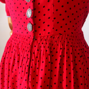 1940s - MILOTY, Germany - Gorgeous Red Dotted Folkloric Dress - W27 (68cm)