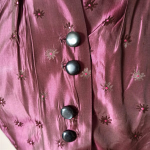 1940s - Stunning Bordeaux Embroidered Silk Dress - W27.5 (70cm)