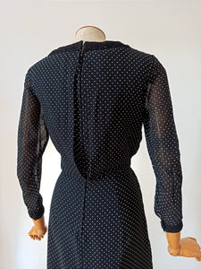 1950s 1960s - Exquisite Black Dots Organza Silk Dress - W27.5 (70cm)