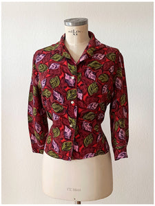 1950s - Stunning Leaves Print Rayon Blouse - Sz.44
