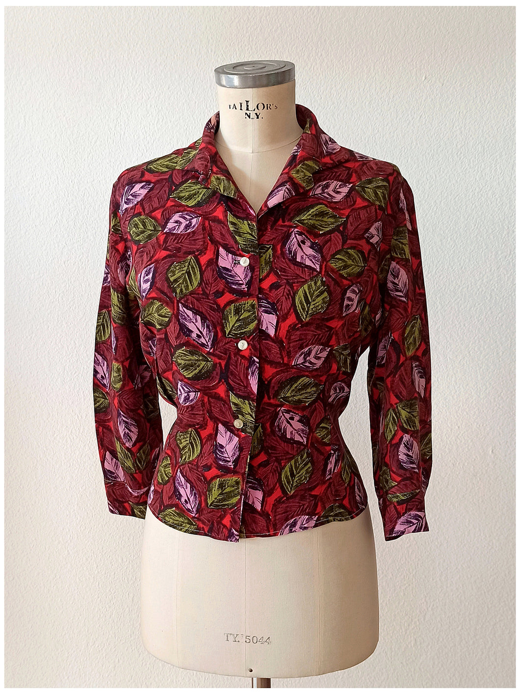 1950s - Stunning Leaves Print Rayon Blouse - Sz.44