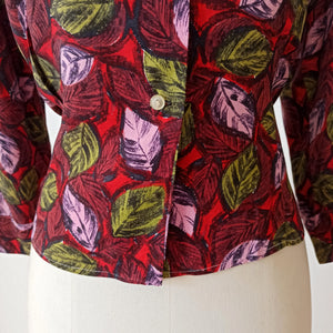 1950s - Stunning Leaves Print Rayon Blouse - Sz.44
