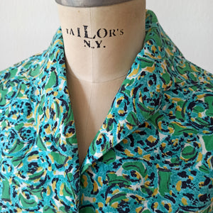 1950s - Gorgeous Abstract Green Cotton Blouse - Sz.44