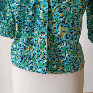 1950s - Gorgeous Abstract Green Cotton Blouse - Sz.44