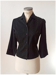 1950s - Gorgeous Embroidered Black Cotton Blouse - W34.5 (88cm)