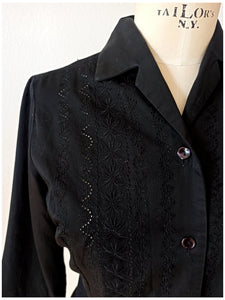 1950s - Gorgeous Embroidered Black Cotton Blouse - W34.5 (88cm)