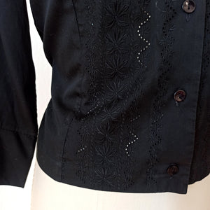 1950s - Gorgeous Embroidered Black Cotton Blouse - W34.5 (88cm)