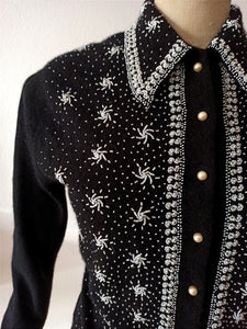 1950s - Stunning Black Beaded Angora Wool Cardigan