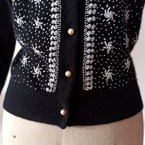 1950s - Stunning Black Beaded Angora Wool Cardigan