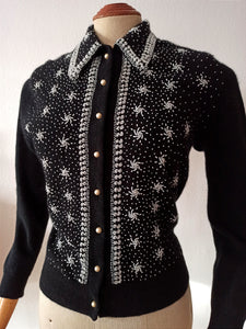 1950s - Stunning Black Beaded Angora Wool Cardigan